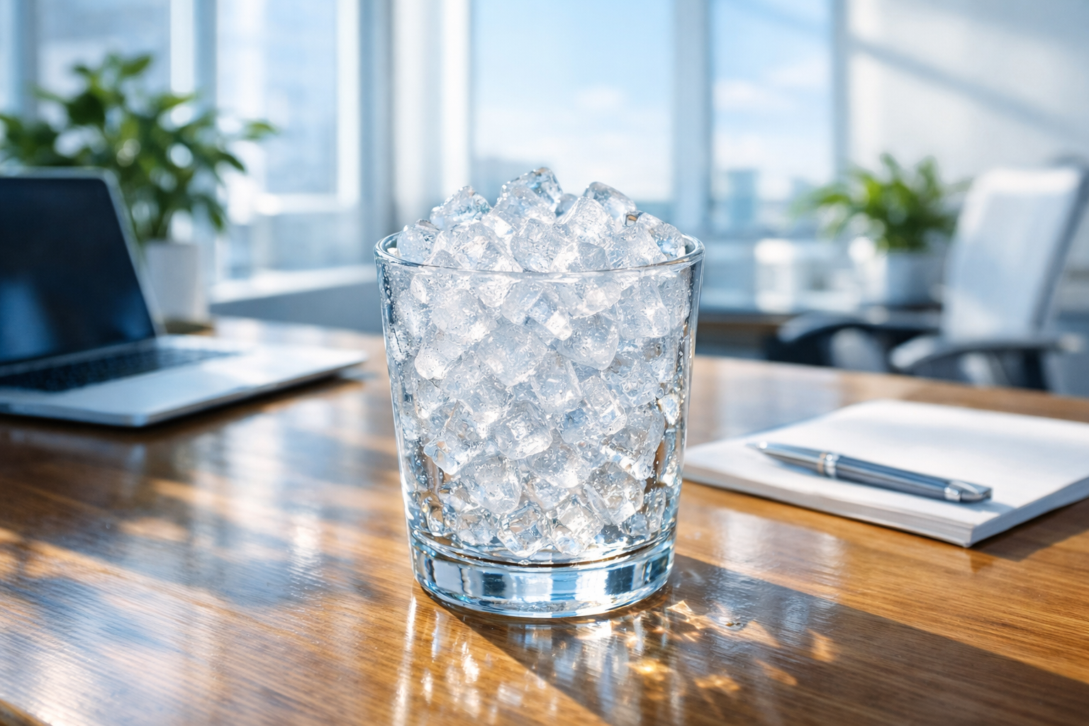 photographic Imagine a bright modern office space filled with natural light streaming through large windows In the foreground a sleek glass cup overfl