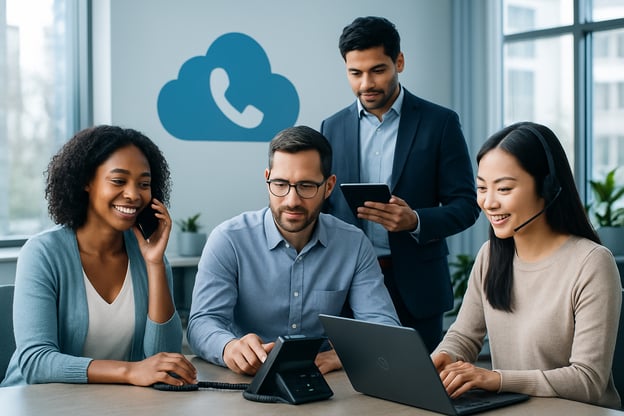 photographic Imagine a sleek modern office space bathed in soft natural light where a diverse group of professionals engages with a cloudbased phone s