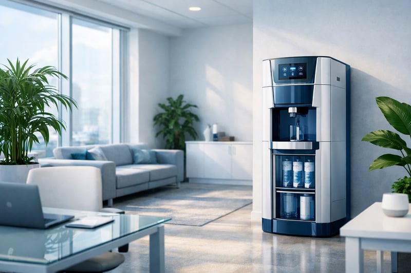 photographic Imagine a sleek multifunction filtration system elegantly integrated into a contemporary office space Sunlight streams through large wind-1