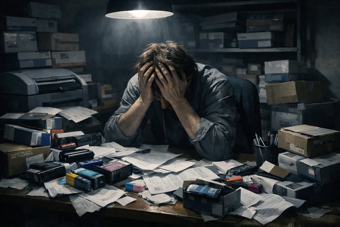 photographic In a dimly lit home office cluttered with boxes of unnecessary printer supplies a frazzled individual sits slumped at a desk their face b