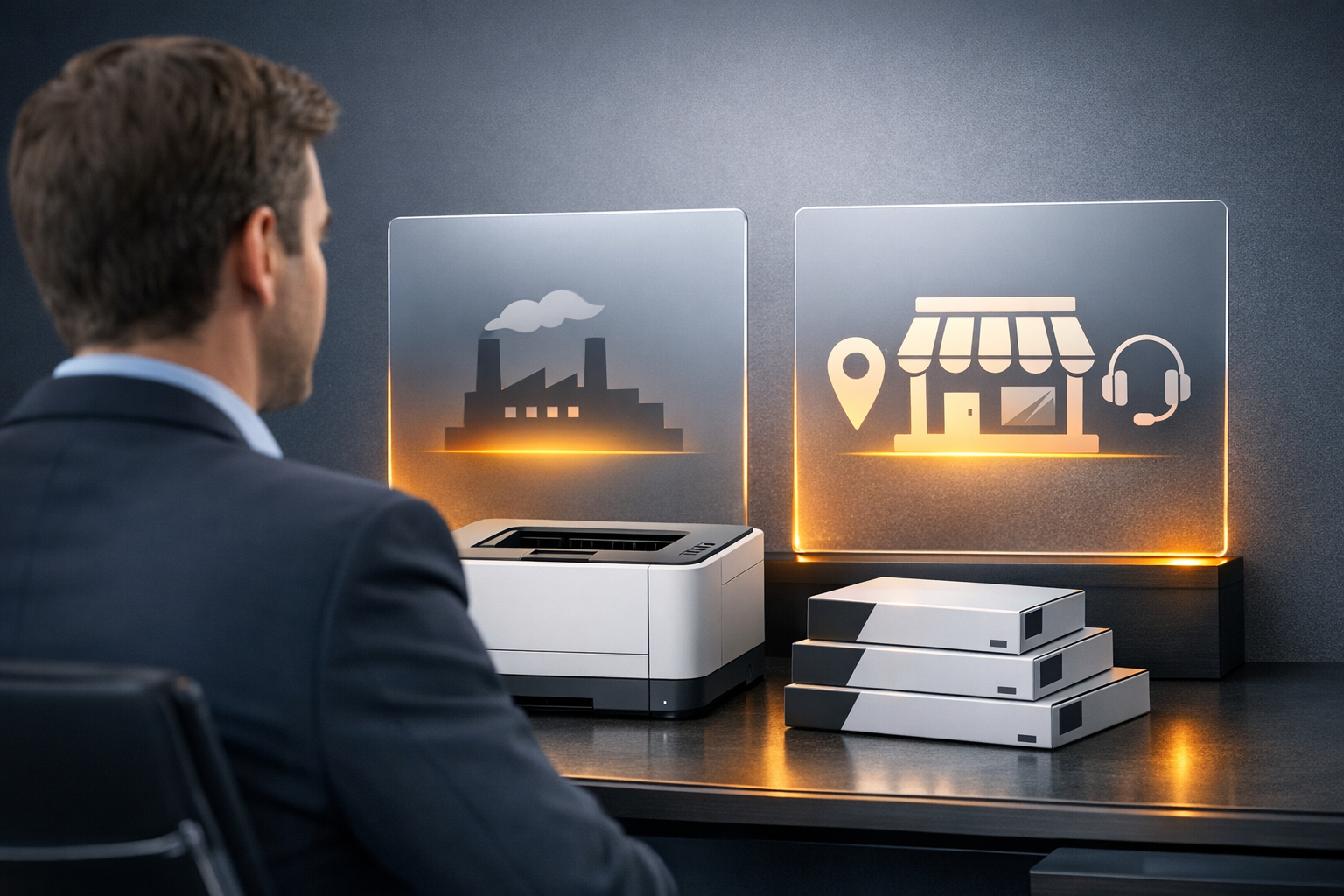 Office Manager Reviews Equipment in Modern Workspace