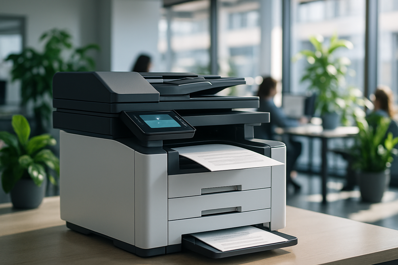 photographic Imagine a sleek modern multifunction printer set against a backdrop of a bustling contemporary office space Sunlight filters through larg-2