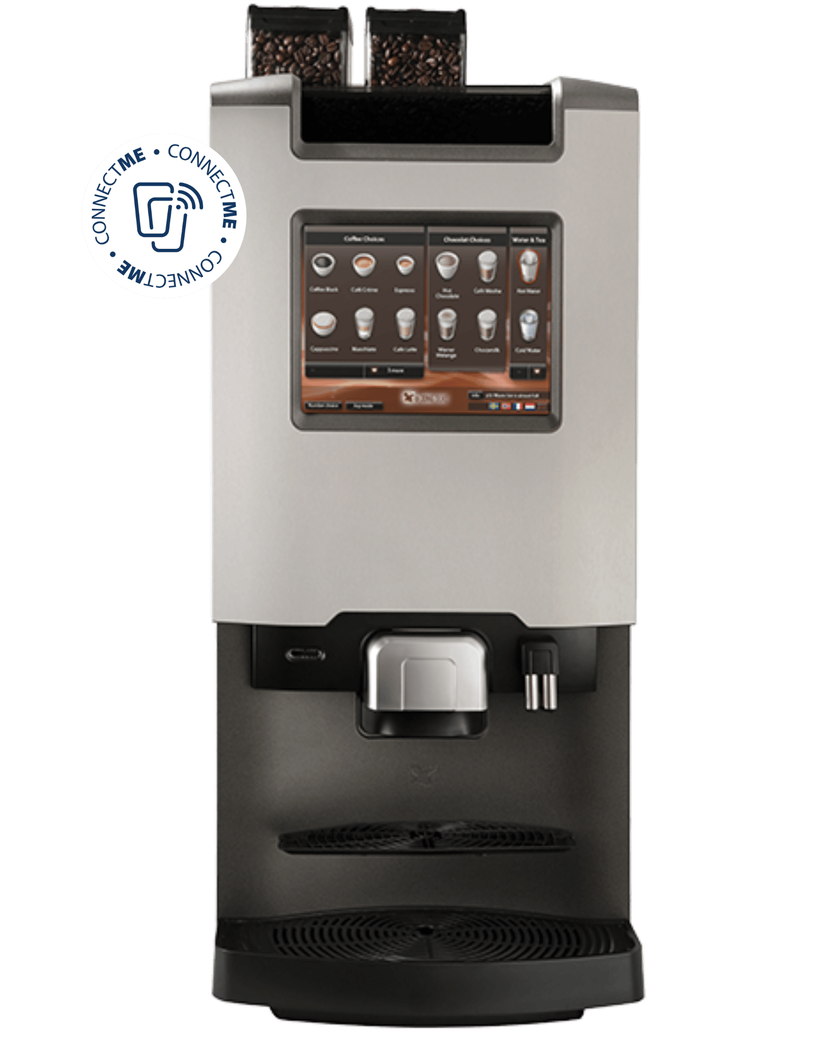 Visible bean hoppers and a recipe-driven touchscreen on the De Jong Duke Virtu.