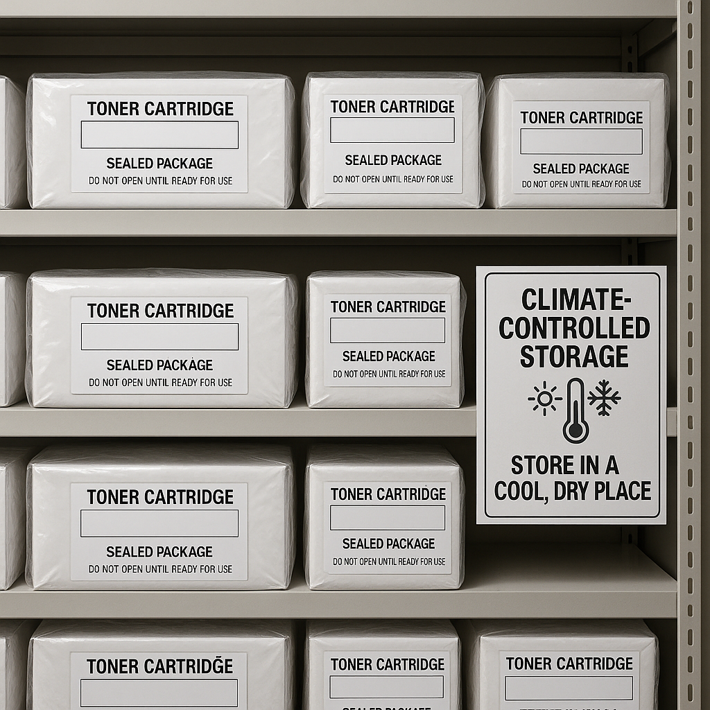 Organized storage shelves of printer toner and ink supplies